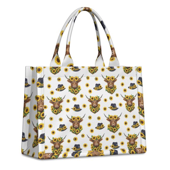 Large Capacity Tote Bag,White Highland Cow Sunflower Hat Pattern Handbag Fashion Luxury Tote Bag,15.7"x13"x 5.1" Inches,Laptop Compatible