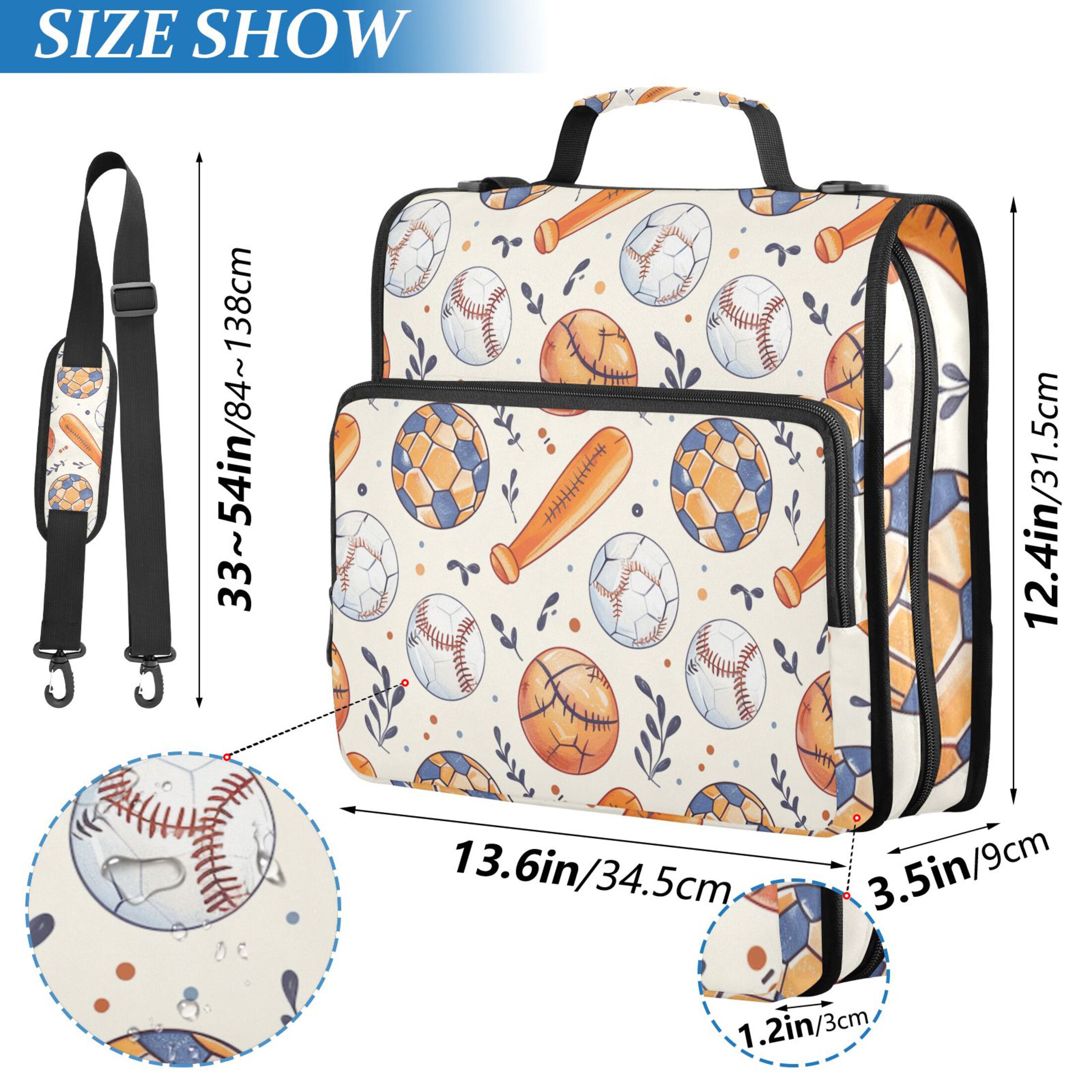 3 Ring Zipper Binder with Shoulder Strap Waterproof Trapper Keeper 2 Inch D-Ring 500 Sheets Capacity Baseball Bats Soccer Basketball