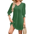 thumbnail image 4 of Women's Casual V Neck Mini Dress Puff 3/4 Sleeve A-Line Shift Dress with Pockets Smocked Cuffs Elegant Loose Fit Short Sun Dress For Daily Wear Date Night, 4 of 6