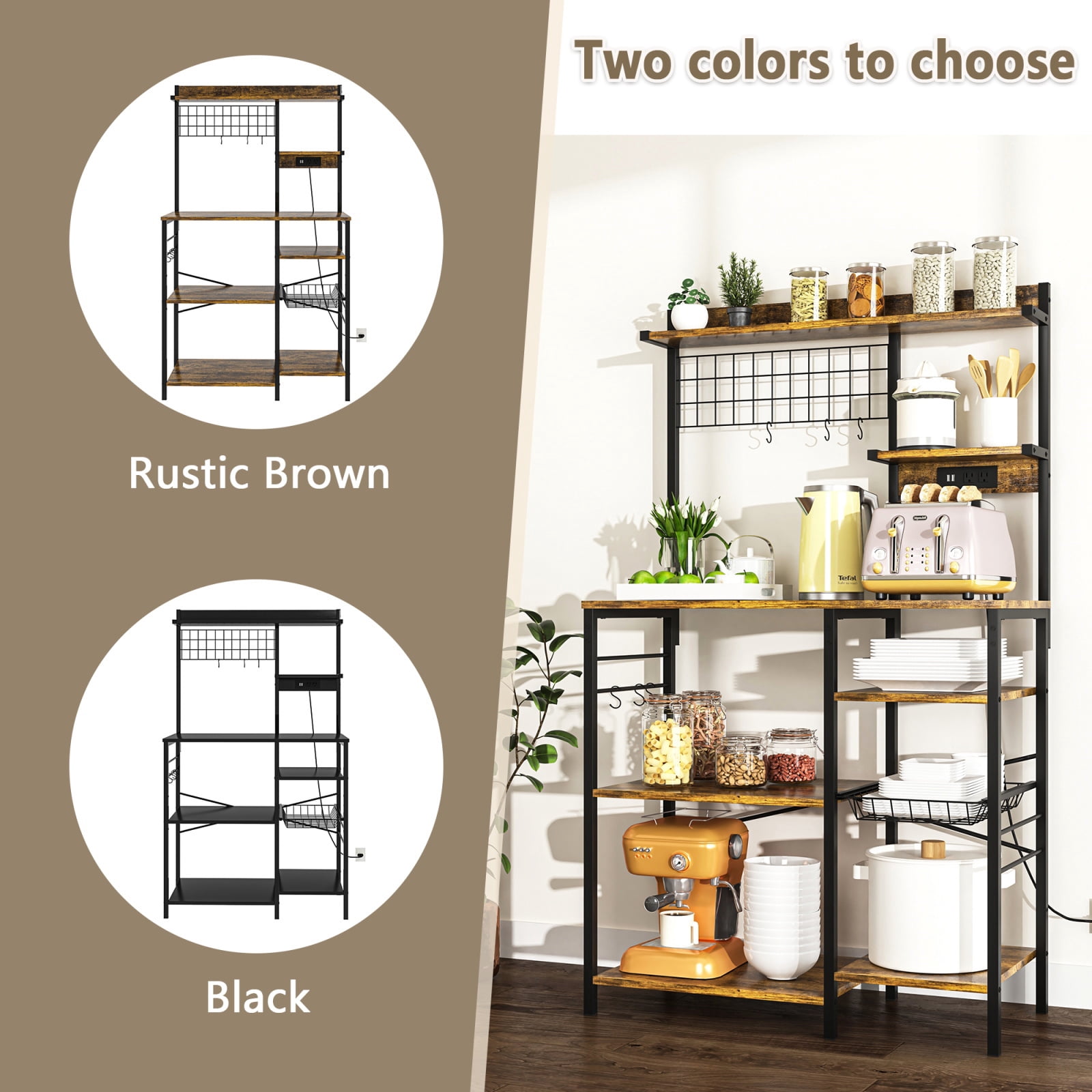 Hommoo Multipurpose Kitchen Storage Rack, Baker's Rack, Microwave Stand, Coffee Bar Station with Hooks and Wire Basket, Rustic Brown