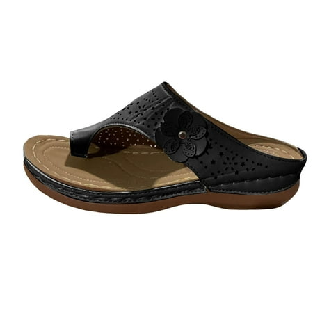ZHAGHMIN Black Sandals Women Dressy Women s Thong Flip Flops Casual Hollow Pu Leather Wedge Slippers Lady Sandals Comfortable Women Slippers Black Size7