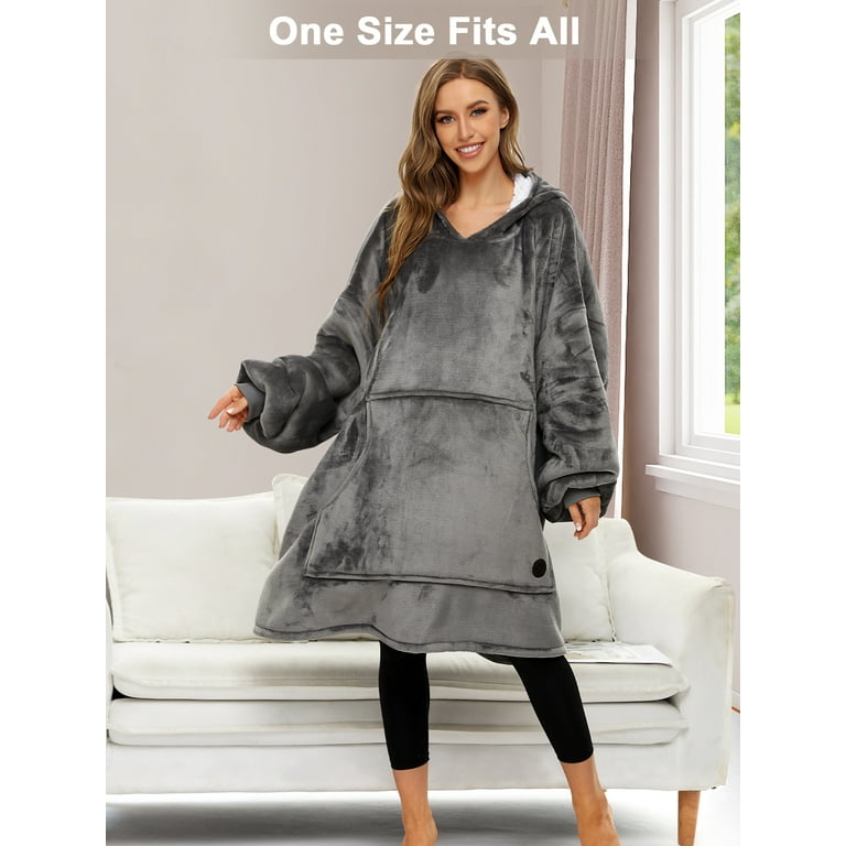 THREE POODLE Oversized Sherpa Hooded Blanket Sweatshirt Extremely Cozy Warm Soft and Fuzzy Hoodie Blanket Women s Plus Grey Walmart