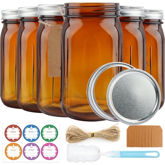 6 Pack Mason Jars 32 oz, Amber Wide Mouth Canning with Airtight Lids, Glass Pint Bands Labels Brush, Large Storage Quart for Jam Fermenting Preserving