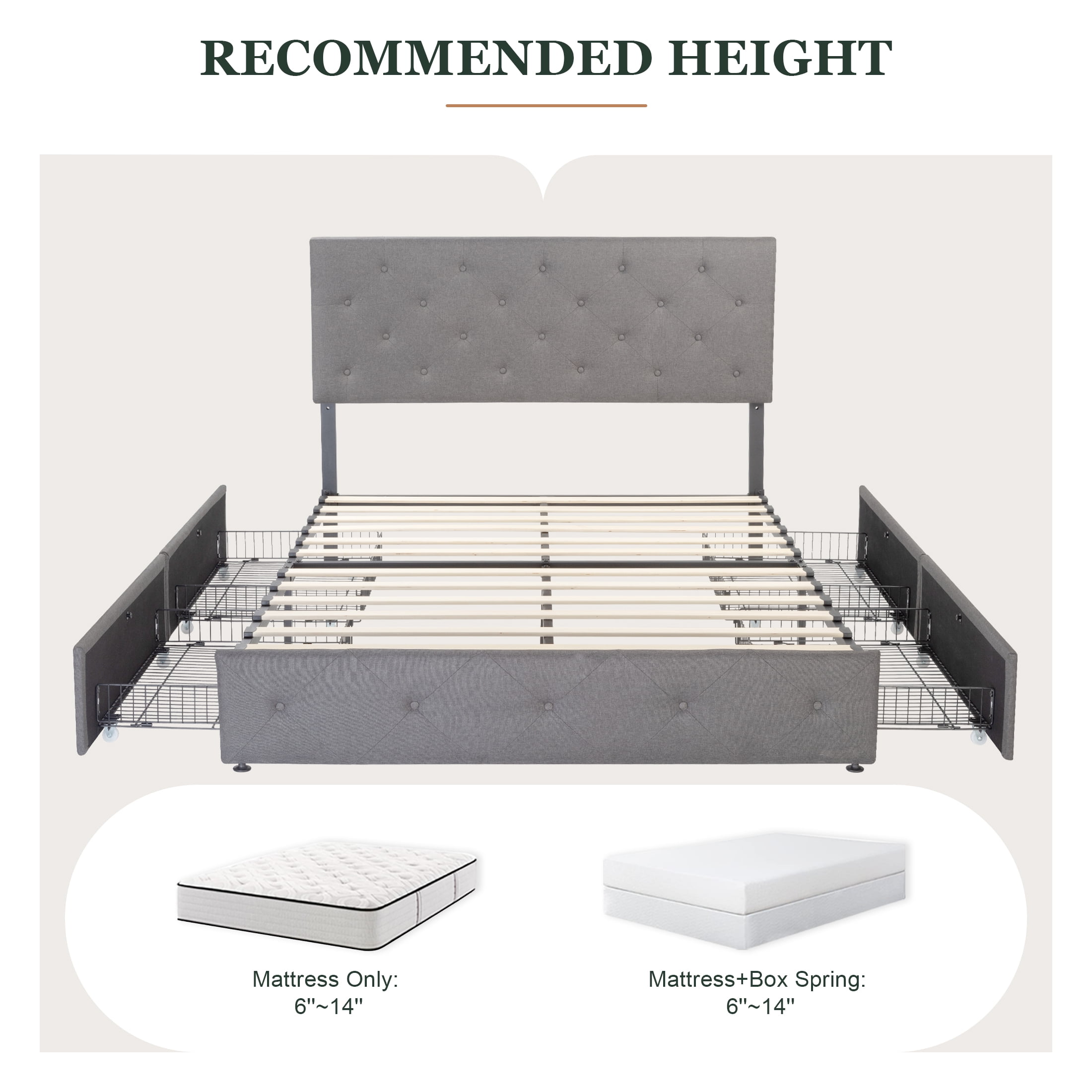 Amolife Full Size Platform Bed Frame with Diamond-stitched Headboard and 4 Drawers, Light Gray