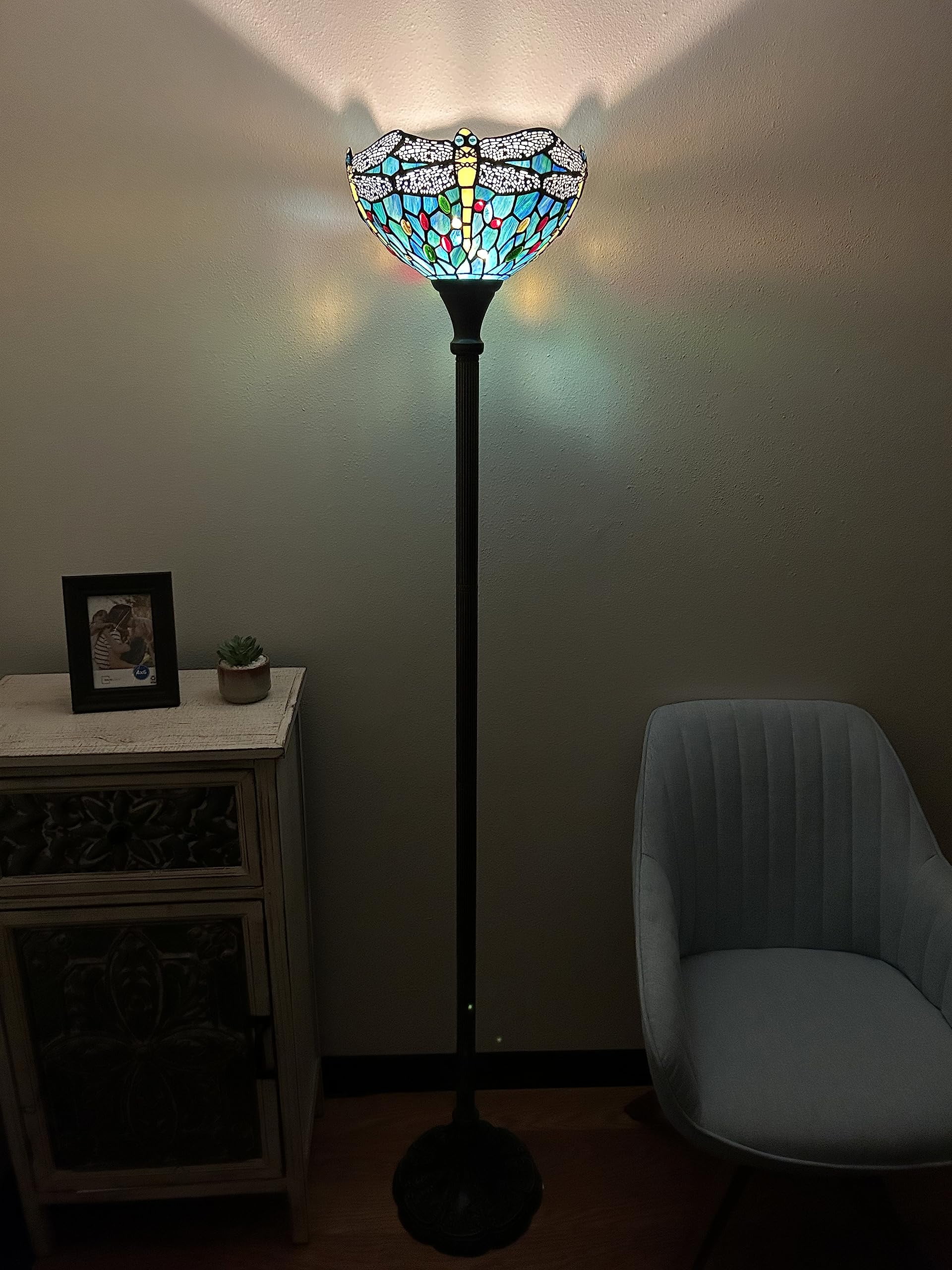Tiffany Torch Floor Lamp Dragonfly Green Blue Stained Glass LED Bulb Included for Living Room Dining Room Bedroom Office Hotel 12"W*12"D*66"H