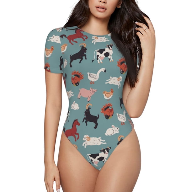 Fotbe Farm Animals 1 Body de Mujer con Cuello Redondo y Mangas Cortas, Sin Mangas Ajustado, Suave, Cómodo y Básico-Large