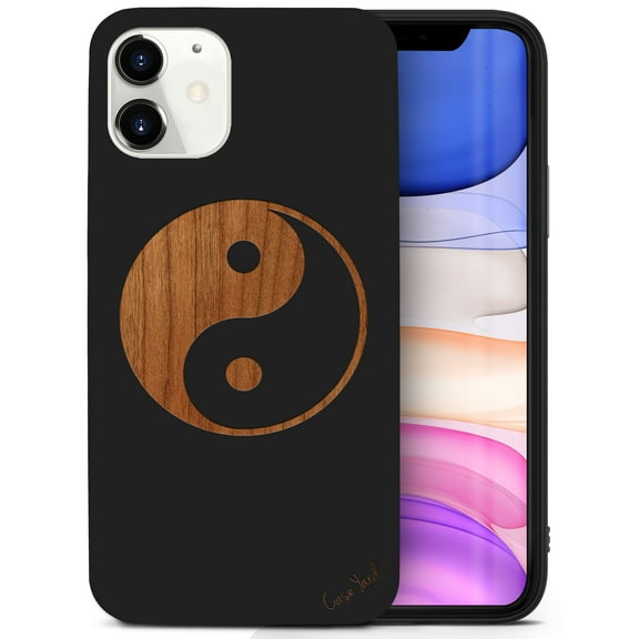 Case Yard Wooden Case for iPhone-12-Mini Soft TPU Silicone cover Slim Fit Shockproof Wood Protective Phone Cover for Girls Boys Men and Women Supports Wireless Charging Yin Yang Design
