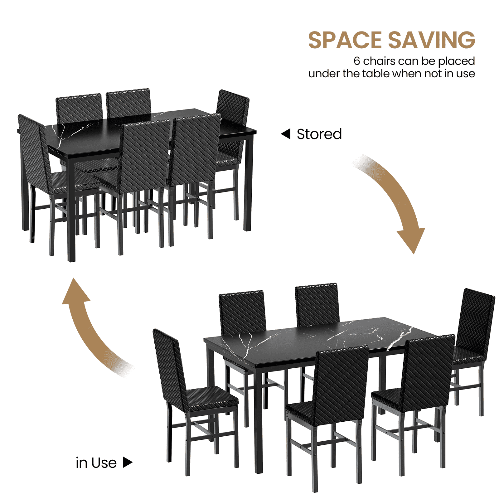 LinkRomat 7-Piece Modern Dining Table Set for 6, Faux Marble Table with PU Leather Chairs, Black