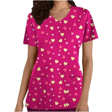 

RQYYD Women s Nurse Uniforms Love Heart Print V Neck Workwear Shirts Short Sleeve Valentines Day Scrub Tops with Pockets(1#Hot Pink XL)