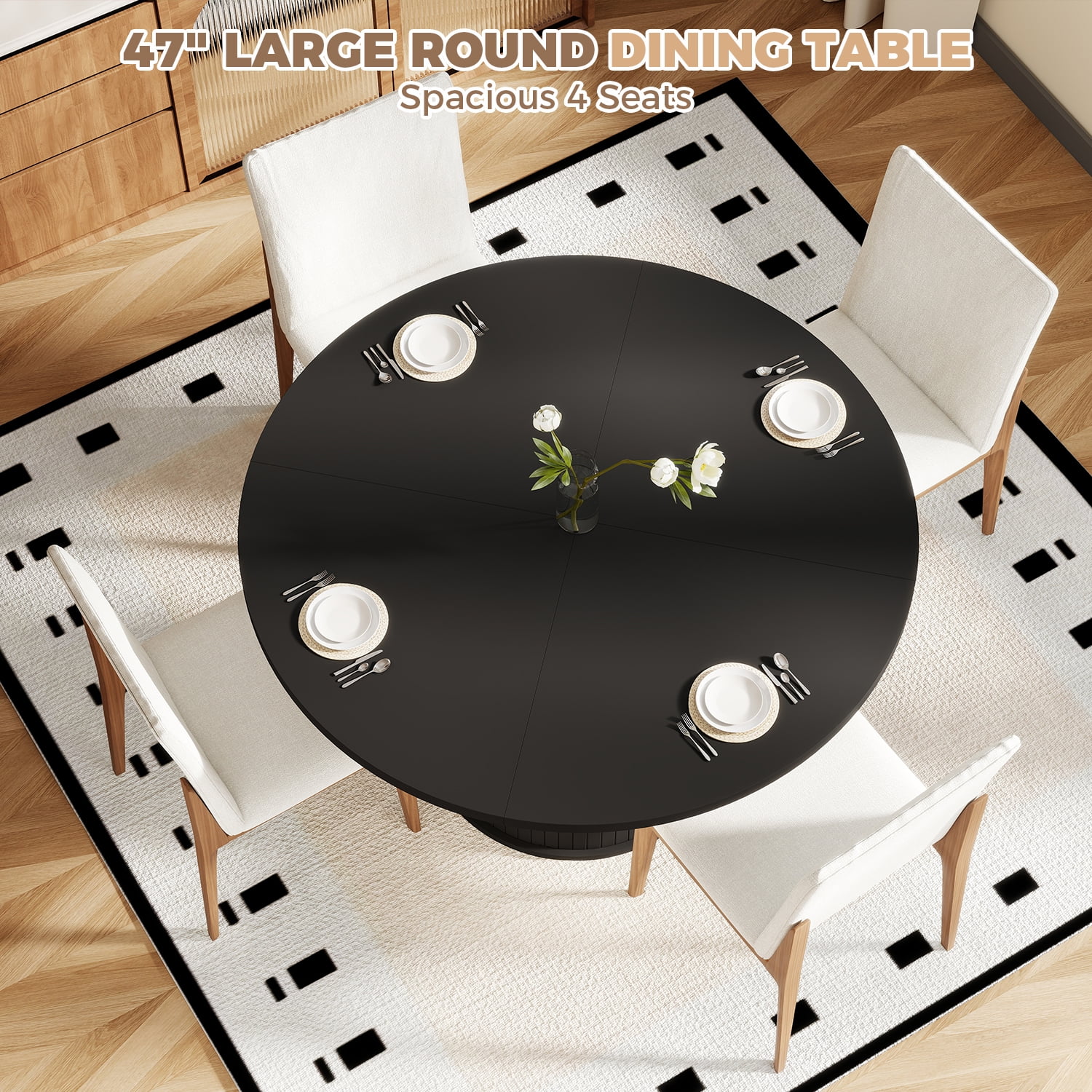 BaPiPro 47" Large Round Dining Table for 4 Person, Modern Farmhouse Kitchen Table with Hidden Storage for Dining Room, Black