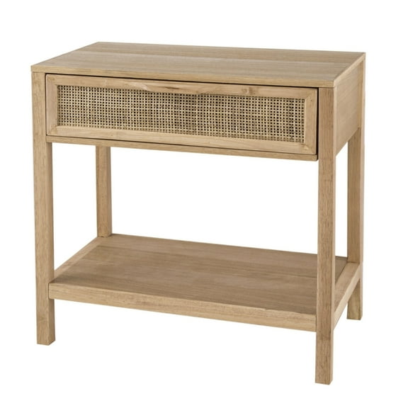 Tia 22 Inch Accent Side Table, Pine, Woven Rattan, 1 Drawer, Natural Brown, Saltoro Sherpi