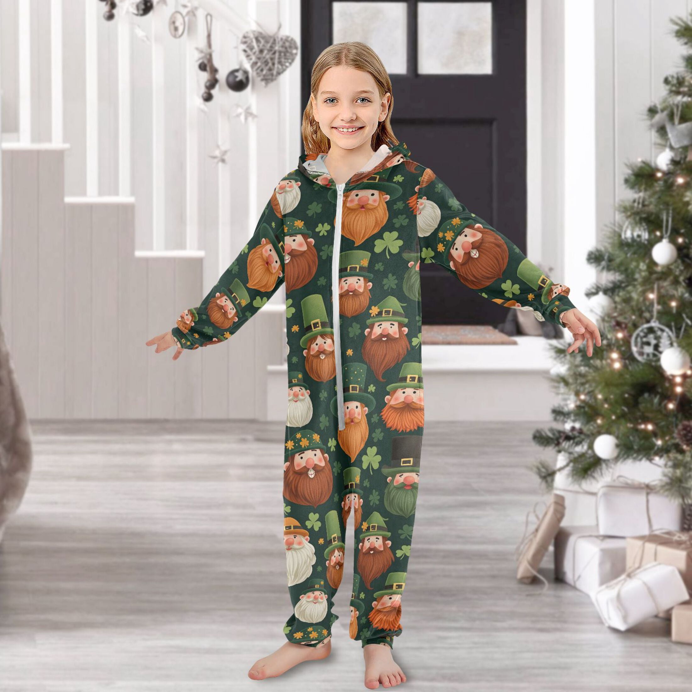 Beard Green Elf Pattern One Piece Pajamas Soft Jumpsuit Cozy Sleep and Play Romper Zipper and Pockets 13Y-14Y