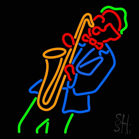 Man Playing Saxophone LED Neon Sign 24" Tall x 24" Wide - inches Black Square Cut Acrylic Backing, with Dimmer - Premium built indoor Sign for Studio, Club, Home décor, Event, Workshop, Storefront.