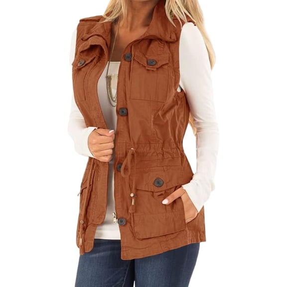 Women Casual Vest Jacket Sleeveless Drawstring Jacket with Pockets