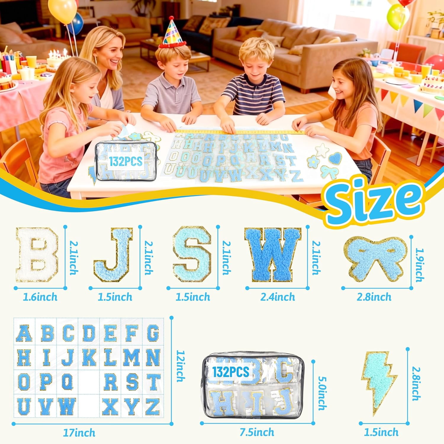 Self Adhesive Chenille Patches：132PCS Blue Pre-Sort Varsity Letter Patch for DIY Bags Backpacks Hats - Heart Star Bowknot Cute Patch Stickers for Birthday Party Gifts Crafts