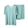 thumbnail image 2 of KDFJPTH Ice Silk Pajamas for Women Lougewear Sets 2 Pieces Short Sleeve Tshirt Bike Shorts 2025 Summer Outfits, 2 of 3