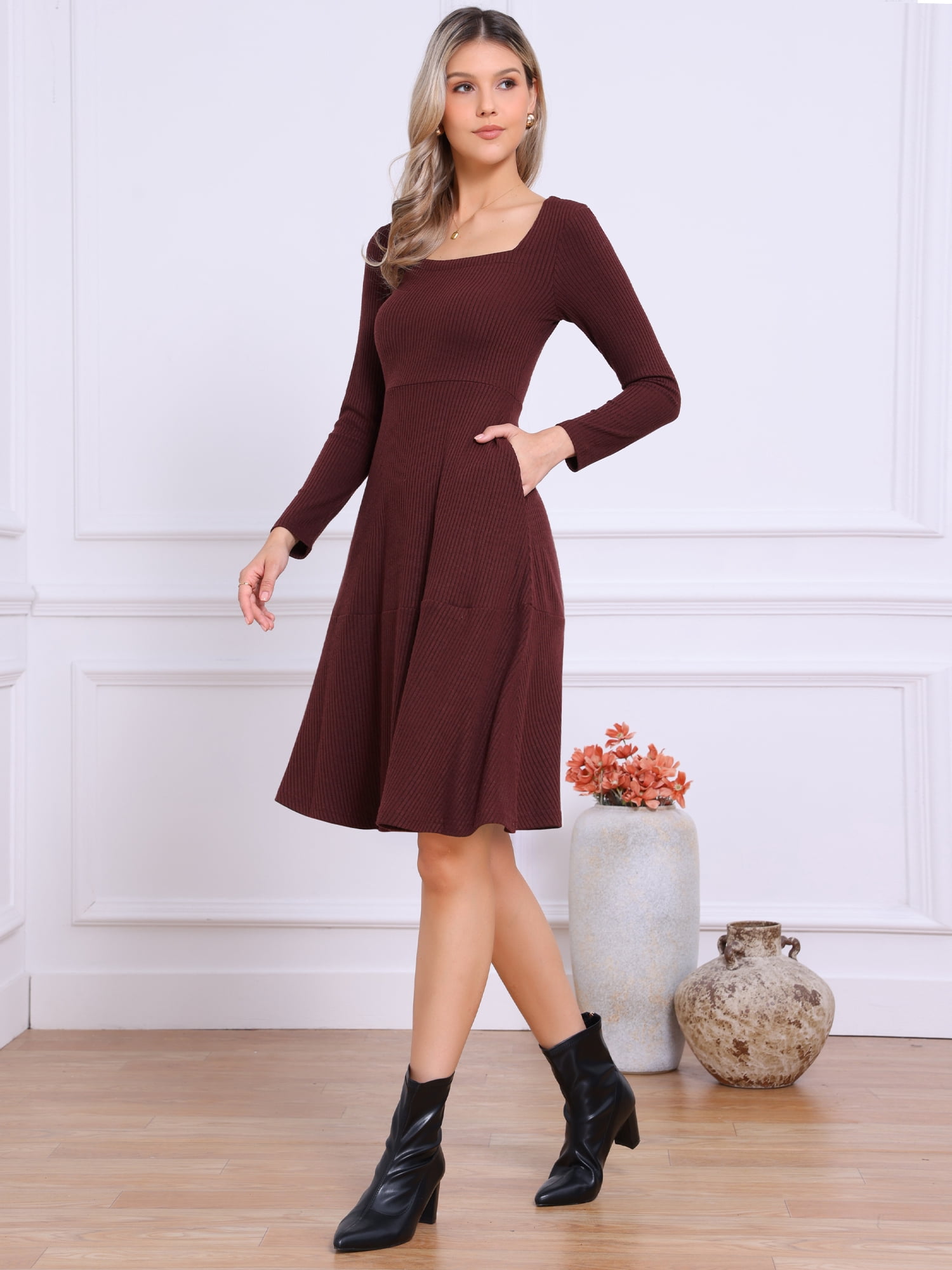 DARING DIVA Women's Knit Sweater Casual Square Neck Long Sleeve Dress XS Deep Red