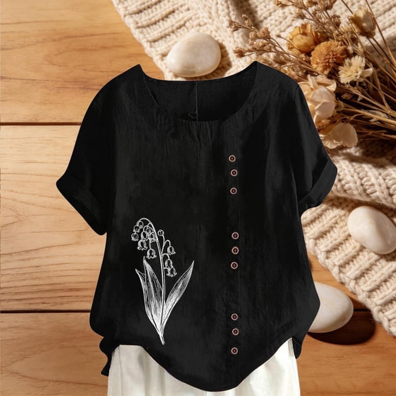 Vmvidoty Women's Cotton Linen Floral Top Short Sleeved T-Shirt Round Neck Casual Blouses Tee Top Black XXL
