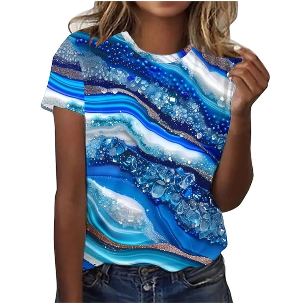 Tops de Ajuste Suelto para las Mujeres Impreso Manga Corta Suéter Camiseta Cuello Redondo Blusa Casual, Top de Moda para el Uso Diario Y las Salidas