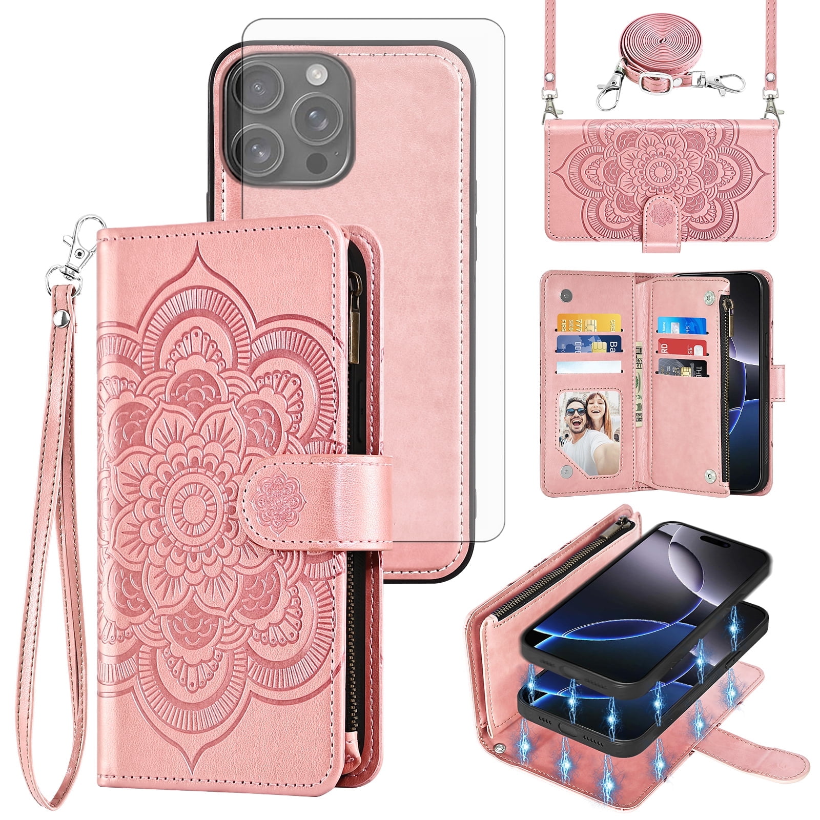 Phone Case for iPhone 16 Pro Max 6.9 inch Zipper Wallet Magnetic Detachable Cell Cover with Tempered Glass Screen Protector Crossbody Strap Flower Card Holder Slot i16 ProMax 16ProMax Women Pink
