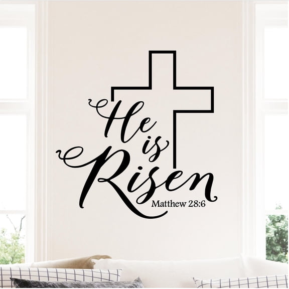 He is Risen Matthew 28:6 (cut out cross) Easter Spiritual Decals Gifts Christ Bible Verse Vinyl Lettering Wall Decal Size: 16.5"H x 16"L - Color: Black