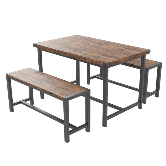 Space-Saving 3-Piece Dining Table Set for 4-6 – Rectangular Metal Wood Table & 2 Benches – Modern Apartment Furniture – Easy Assembly – Vintage Color