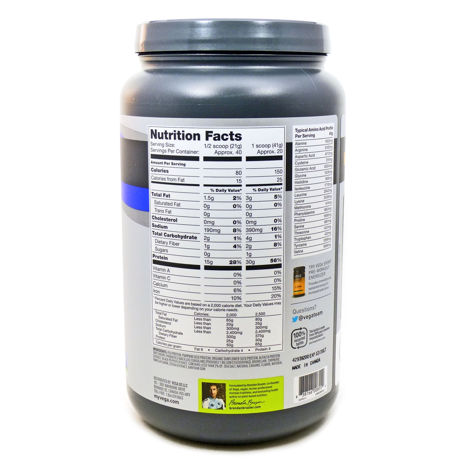 Vega Sport Premium Plant-Based Protein Powder, Vanilla, 20 Servings (29.2oz)