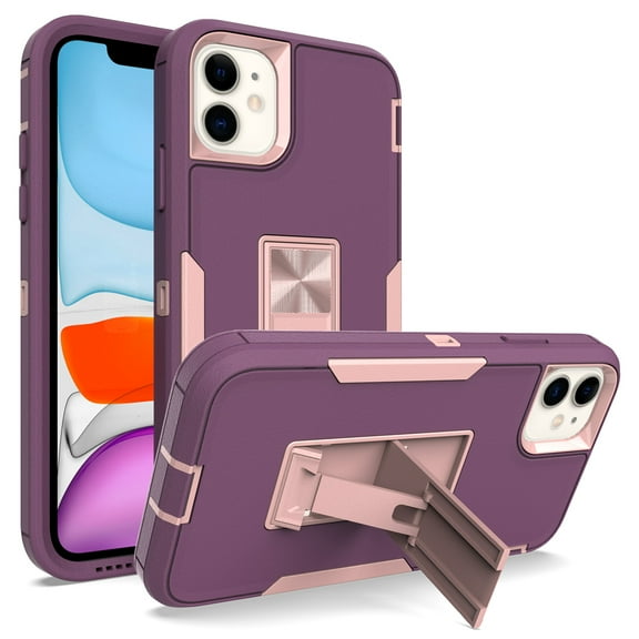 iPhone 12 2020 Case with Built-in Kickstand, Allytech Hard PC Soft TPU Dual Layer Shockproof Rugged Anti-Slip Supports Magnetic Car Mount Anti-Scratch Cover for iPhone 12 6.1", Purple Rosegold