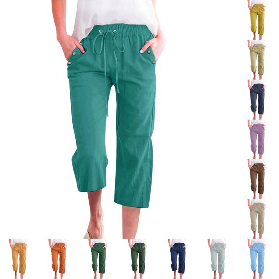 Women's Linen Blend Cropped Pants 7/8 Length Loose Fit Casual Trousers With Pockets For Spring Summer Comfort