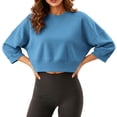 thumbnail image 4 of Naotn Women Cropped Sweatshirts Fall Trendy Crew Neck 3/4 Raglan Sleeve Solid Loose Casual Workout Pullover Tops, 4 of 7