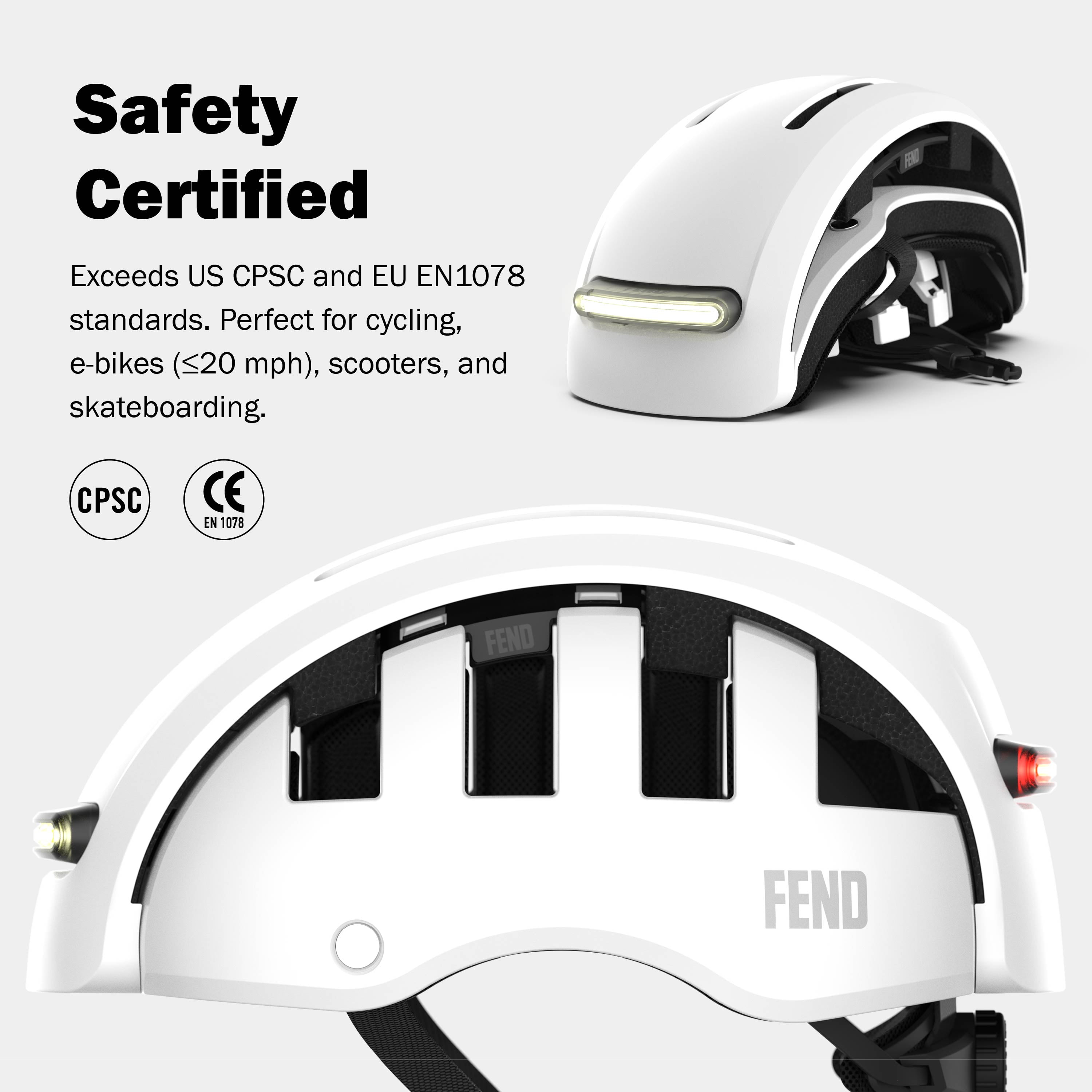 FEND Super Helmet With Ultra-Bright Lights - Adult Mens and Womens Bike Helmet - Collapsible by 50% of Original Size - Safety Certified for Bicycle Road Bike Scooter Cycling Commuter Helmet&nbsp;