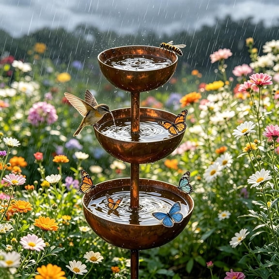 GliJian Rain Catcher Plant Support Metal Garden Ornament, 2026 Upgrade 3-Tiered Rain Catcher Garden Stake, Outdoor Yard Lawn Art Decor