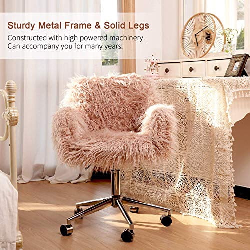 Recaceik Faux Fur Vanity Chair, Pink Arm Chrome Base Office Compact
