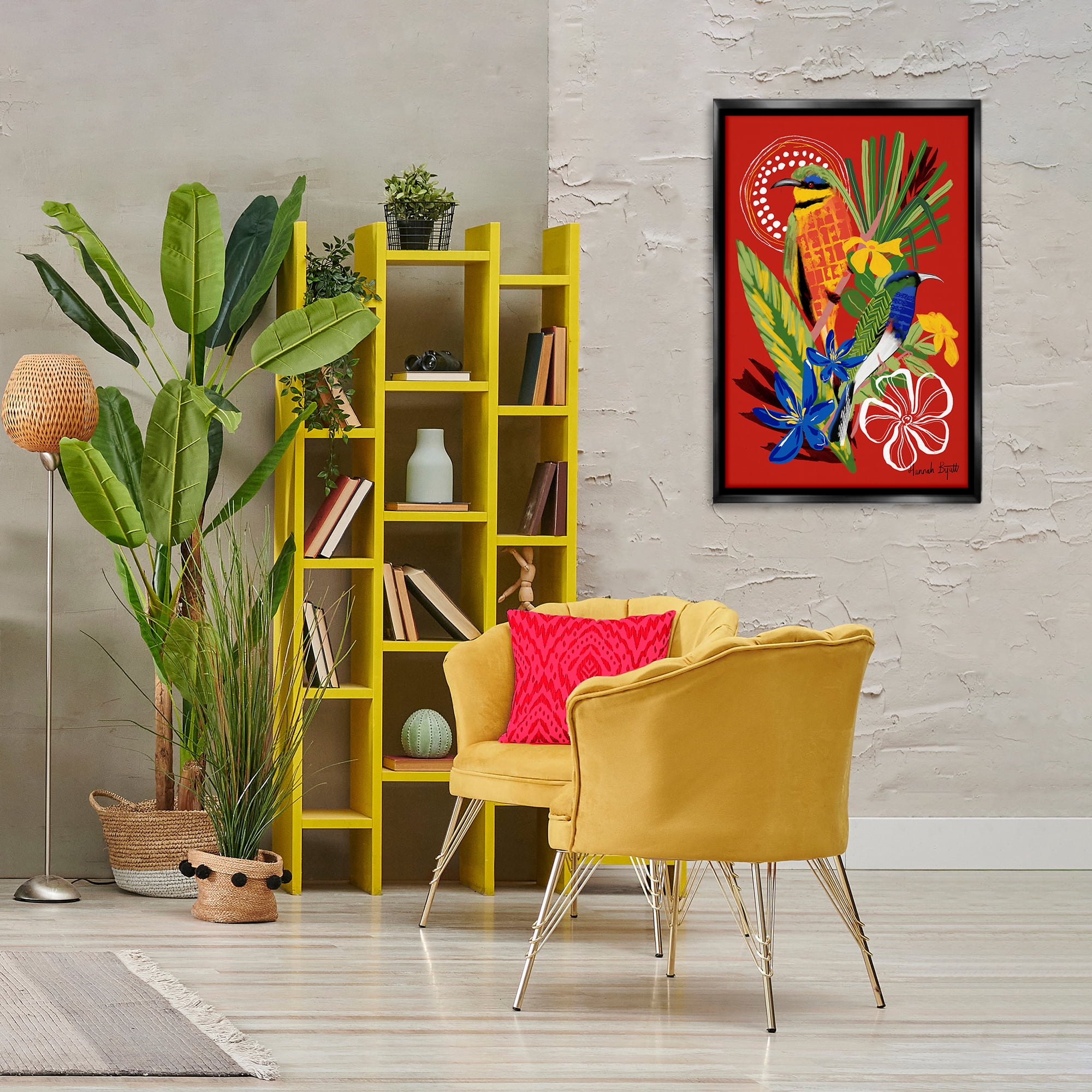 Stupell Industries Gambia Inspired Birds Animals Painting Black Floater Framed Canvas Art Print Wall Art, 21 x 31
