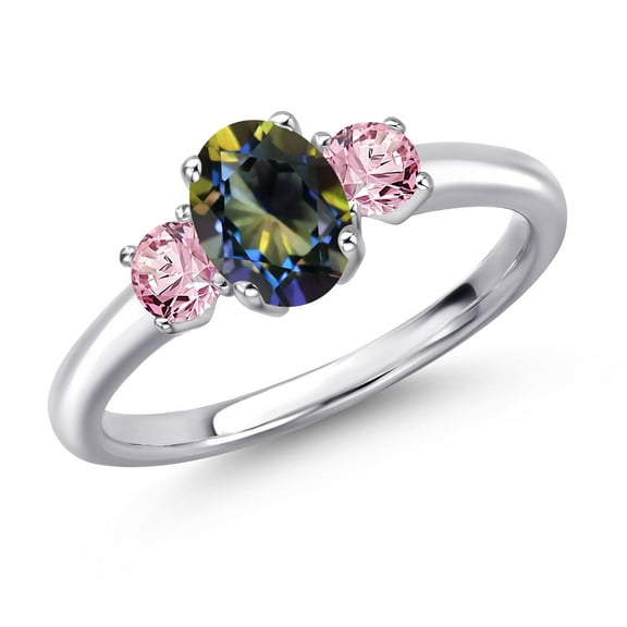 Gem Stone King 925 Sterling Silver Blue Mystic Topaz and Pink Lab Grown Diamond Engagement Ring for Women | 1.31 Cttw | Oval 7X5MM | Gemstone November Birthstone | Size 8