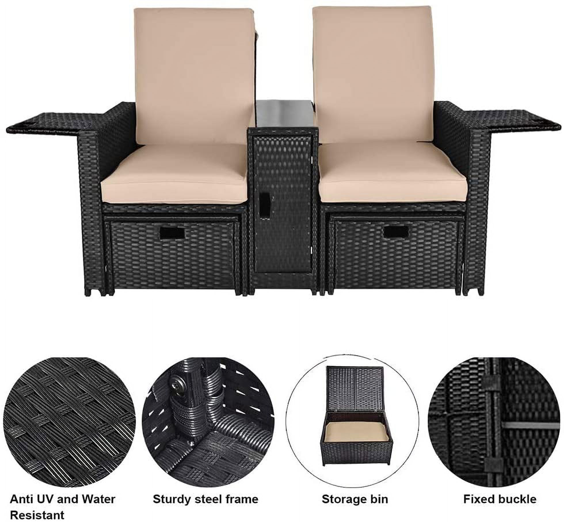 LVUYOYO 5pcs Patio Wicker Loveseat - Outdoor Rattan Sofa Set with Cushion and Ottoman Footrestfor Garden - image 3 of 9