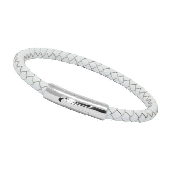 Genuine Braided Leather Bracelet With Stainless Steel Magnetic Clasp, White