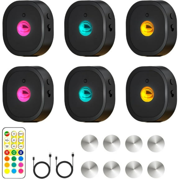 6 under Cabinet Lighting, LED Lights with Remote Control, RGB 13 Color Dimmable, Kitchen Night Light, Battery Powered Light for Kitchen, Wall, Closet, Cabinet, Staircase