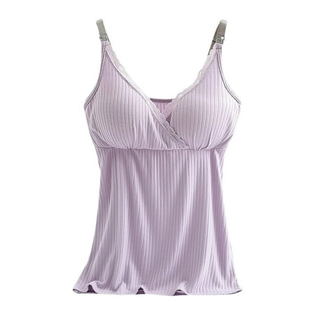 BRDFRL Nursing Cami Tank Tops for Breastfeeding Women with Built in Bra Sleeveless V Neck Camisole Soft Comfy Pregnant Shirts Light Purple 2XL