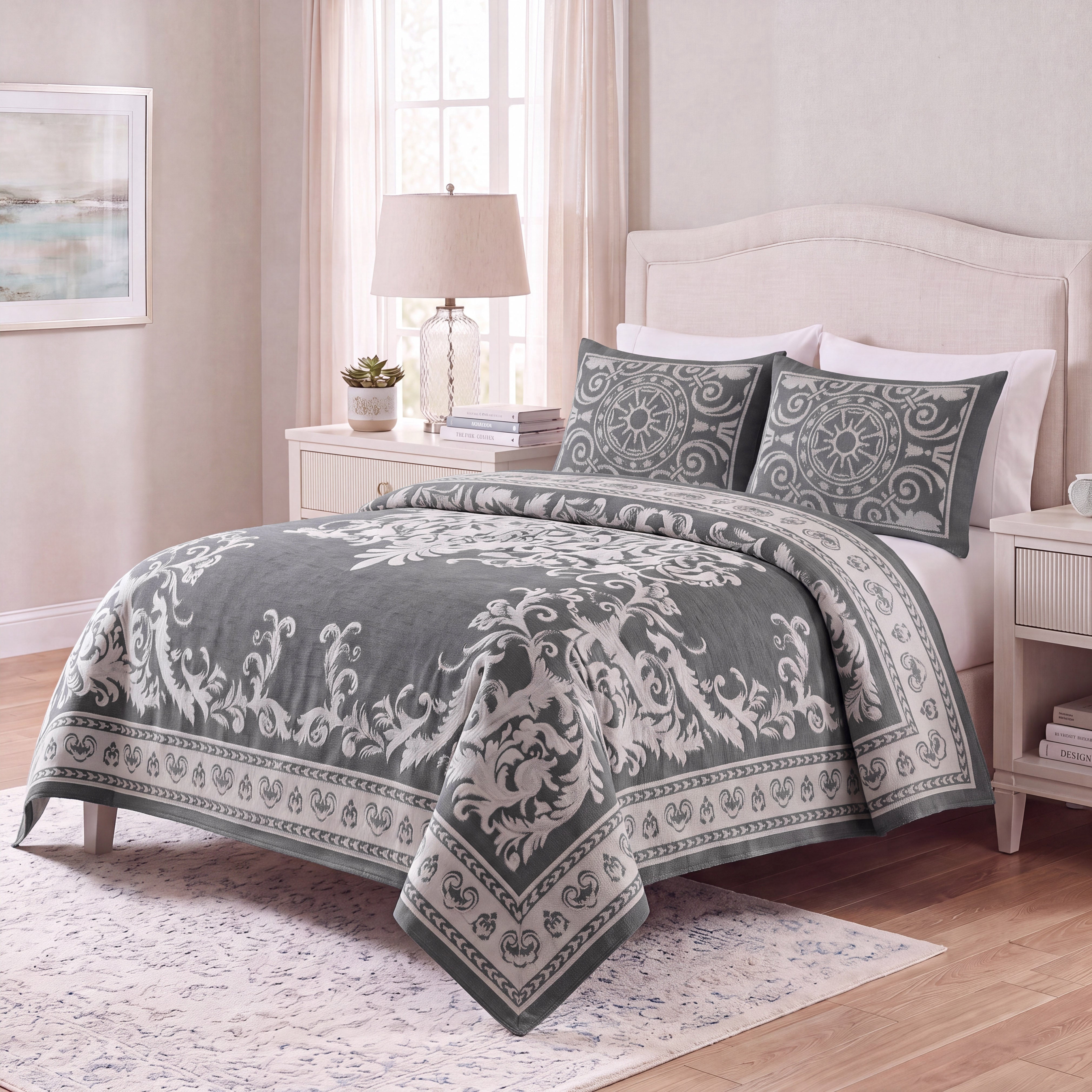 Superior Woven Jacquard Bedspread Set Queen Size, 3-Piece Lightweight All Seasons Coverlet, Charcoal