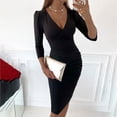 thumbnail image 2 of CEHVOM Femmes Sexy V Cou Solide Minceur Ourlet Froncé Robe à Manches Longues, 2 of 5