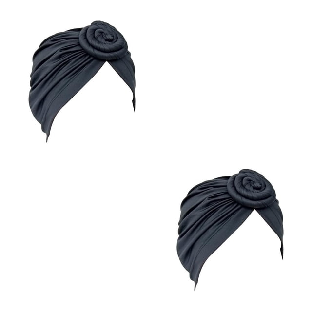 Guardurnaity Turban Knot Hijab Hat Donut Cover Solid Stretch Headscarf Caps Loss Bonnet para mujeres Accesorios de maquillaje Gris Negro 2piezas
