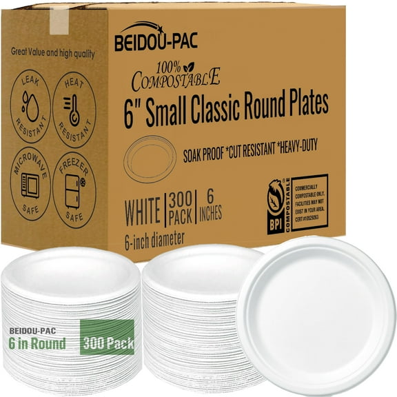BEIDOU-PAC Heavy Duty Compostable Dessert Disposable Paper Plates, 6 Inch, 300 Count