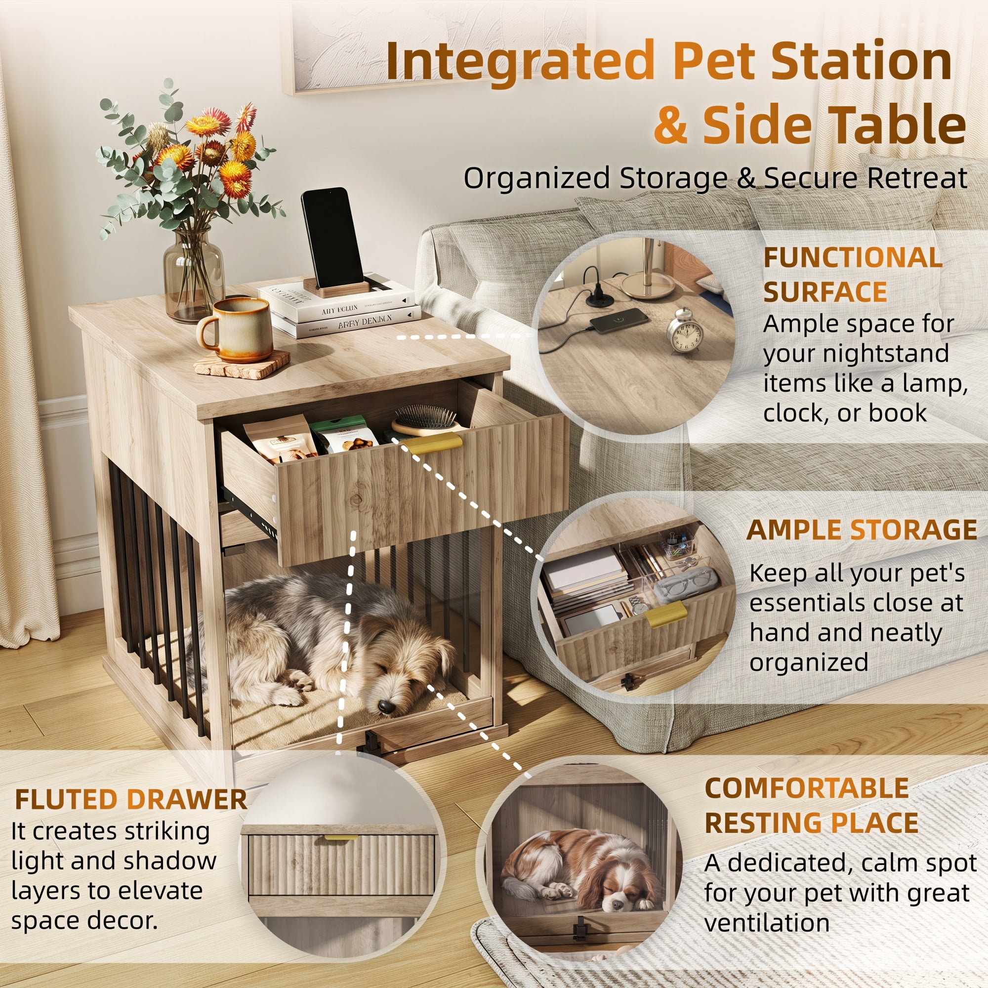 Leumius Dog Crate End Table with Charging Station,Wooden Dog Kennel Furniture with Hideaway Tempered Glass Door, Multi-Functional Pet Station Side Table,Grey