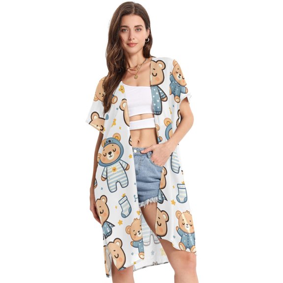 Beach Vacation Clothes Kimono Cardigan Loose Swimsuit Cover Up for Women Teddy Bear and Moon S