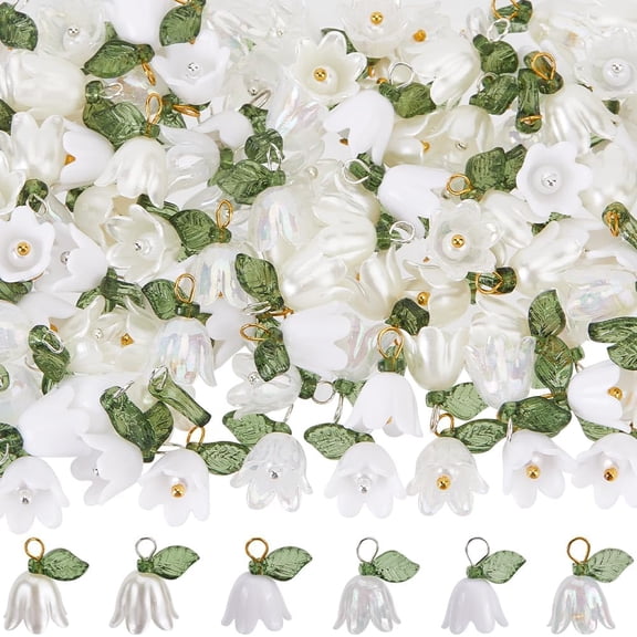 1 Box 120Pcs Lily Flower Charm White Lily Charms Acrylic Small Spring Floral Bell Leaves Lilies of The Valley Pendant Charm for Jewelry Making Charms Pendants Necklaces Supplies DIY Crafts colorful