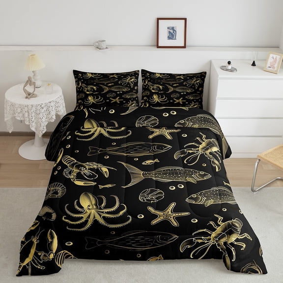Erosebridal Sealife Print Bedding Sets Twin with Comforter, Octopus Starfish Duvet Insert, Black Gold, Ultra Soft 2 Pieces
