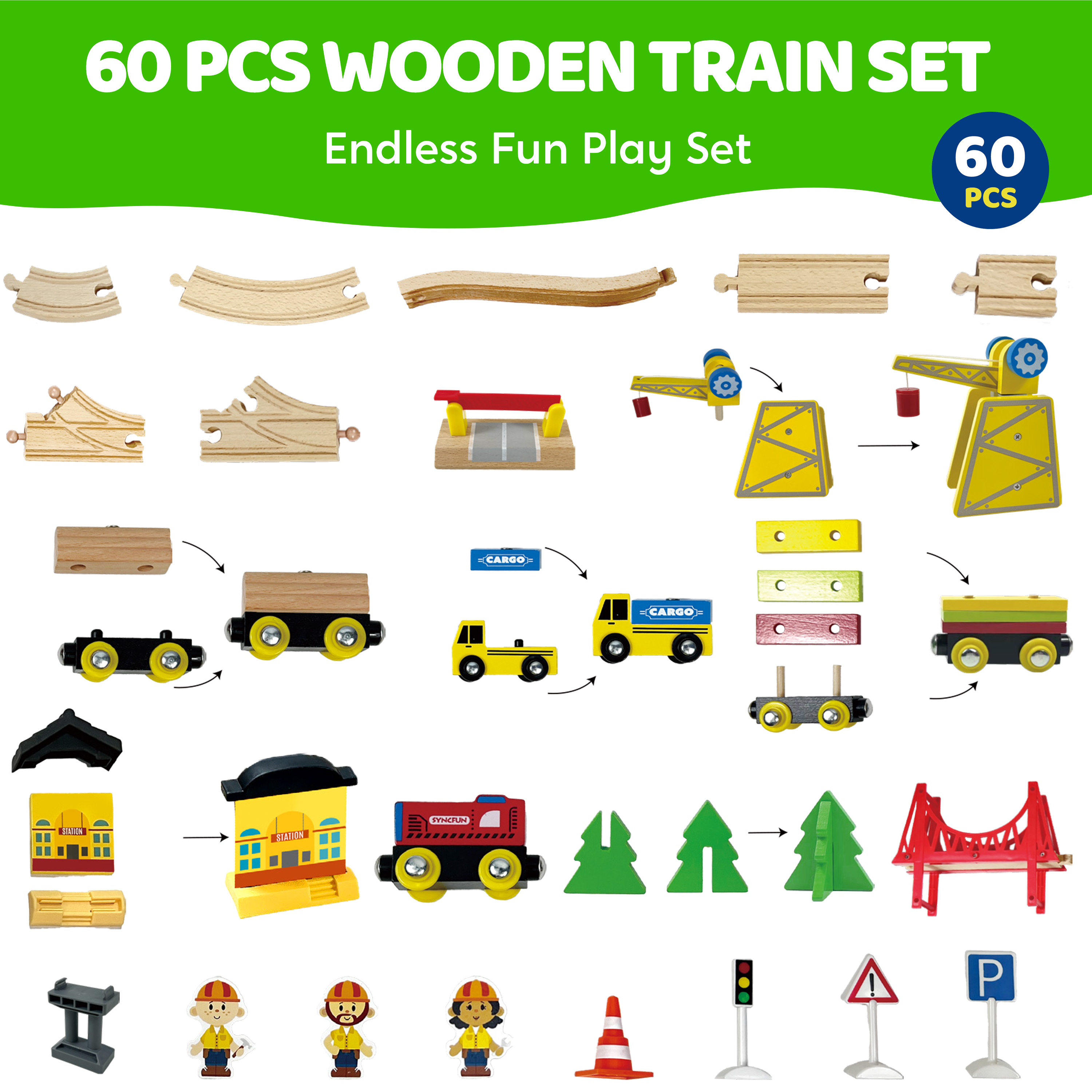 Joyfy 60-Piece Wooden Train Track Set with Magnetic Trains photo 3
