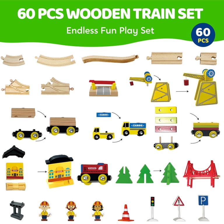 Train En Bois Baroni Toys 60 Pièces Avec Rails Ovales, Wagons éducatifs, Chiffres Et Légumes – Cadeau Idéal Pour Enfant De 3 Ans Et Plus