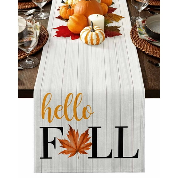 Fall Table Runner Thanksgiving Hello Fall Orange Maple Leaf Table Runners White Wood Grain Cotton Linen Dresser Scarf Kitchen Dining Table Decor for Fall Holiday Party Decor 13x36 Inch